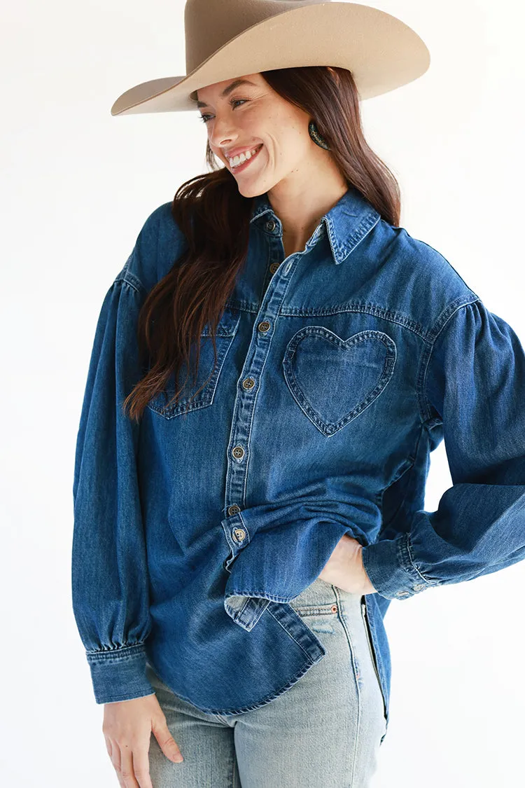 Oversized Dark Wash Heart Pocket Button Down