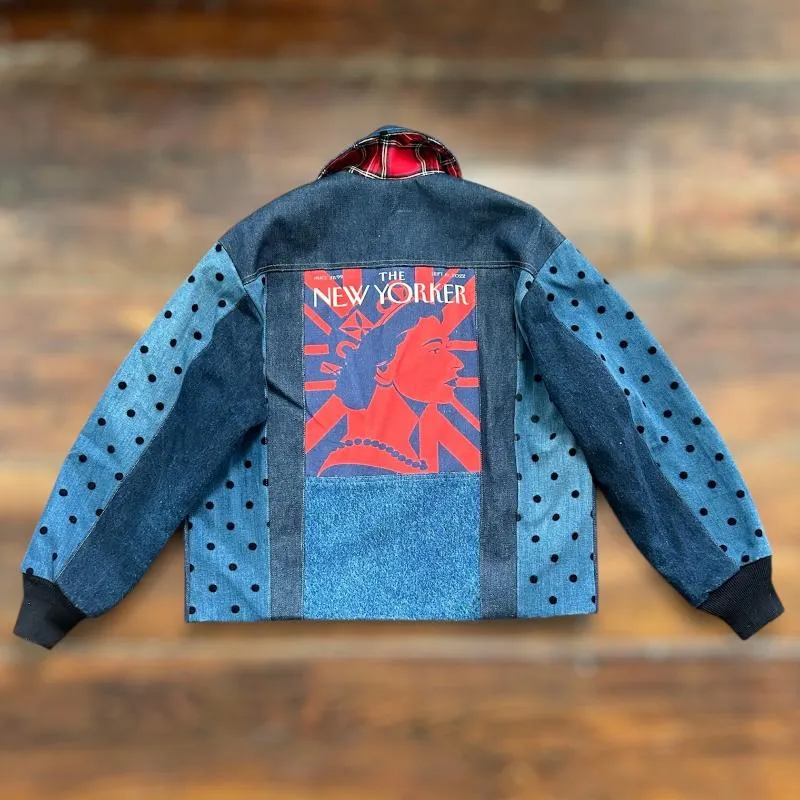 Patchwork Denim Jacket with Iconic Queen Elizabeth Theme