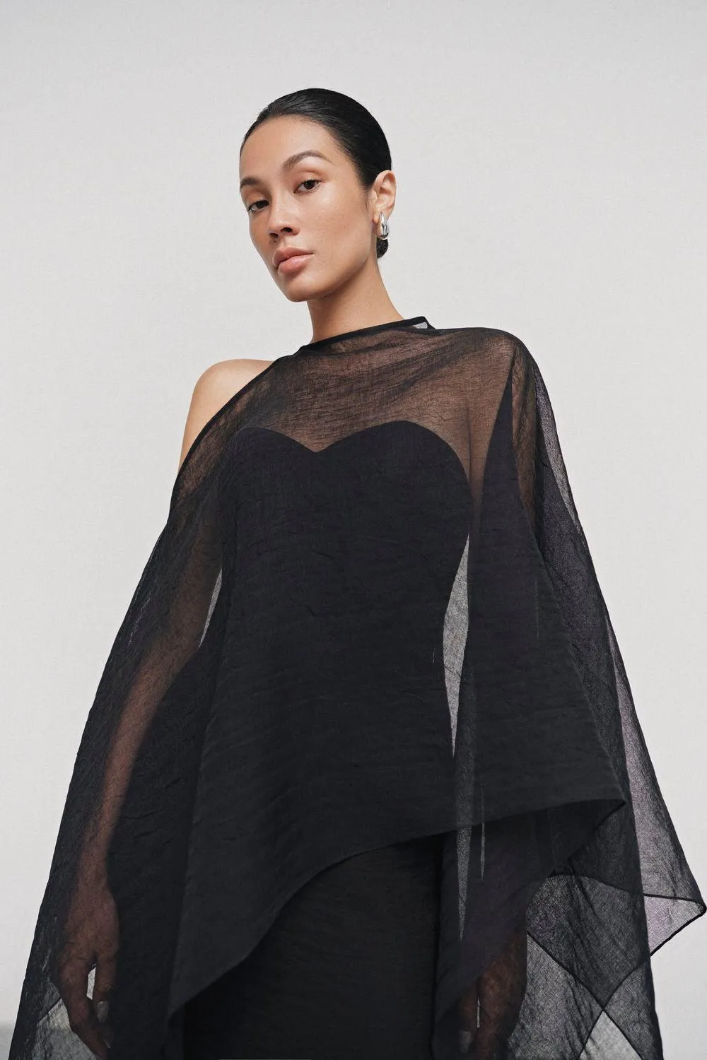 Phi Asymmetric See-Through Cotton Lawn Cape