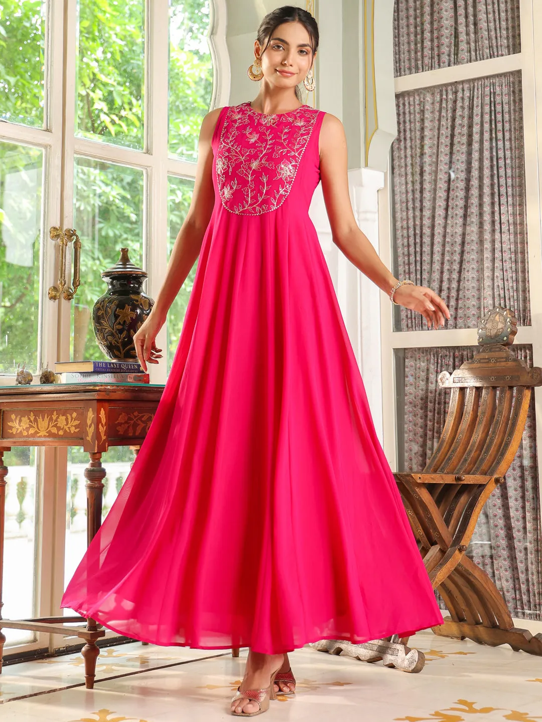 Pink Georgette Embroidered Anarkali Dress With Cape