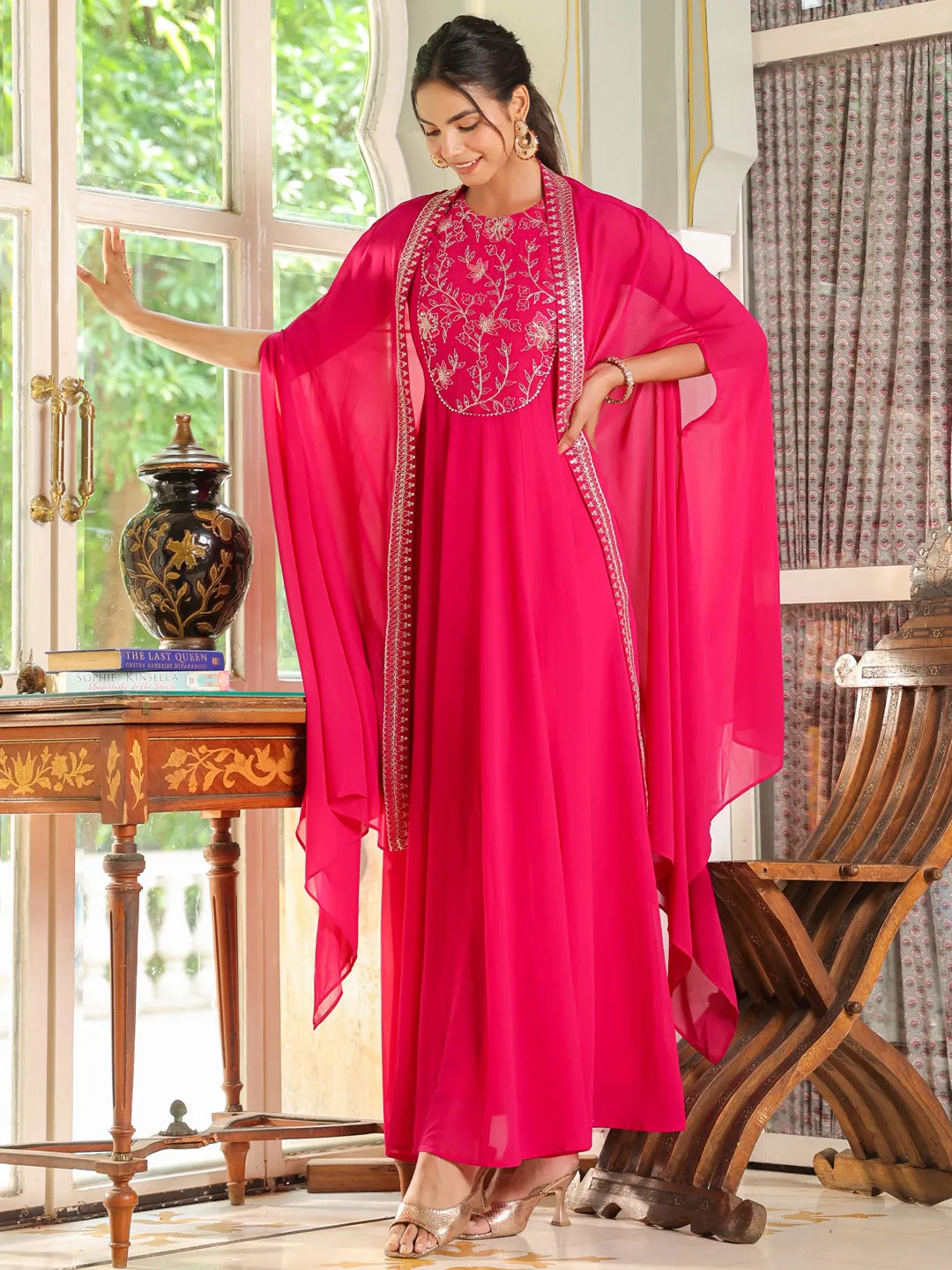 Pink Georgette Embroidered Anarkali Dress With Cape