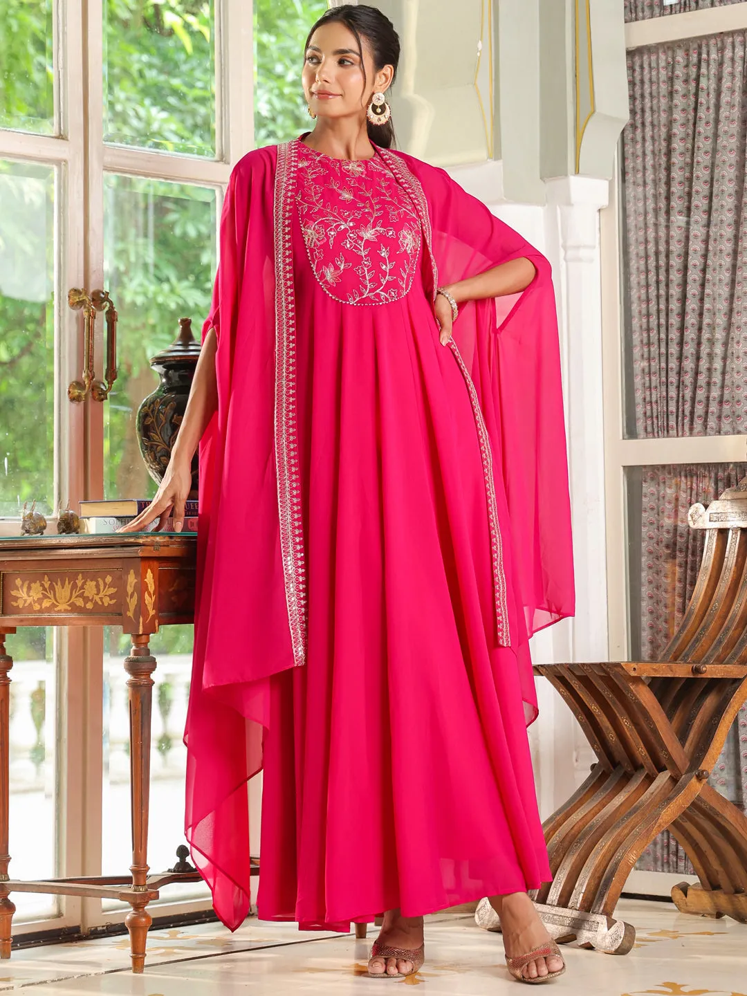 Pink Georgette Embroidered Anarkali Dress With Cape