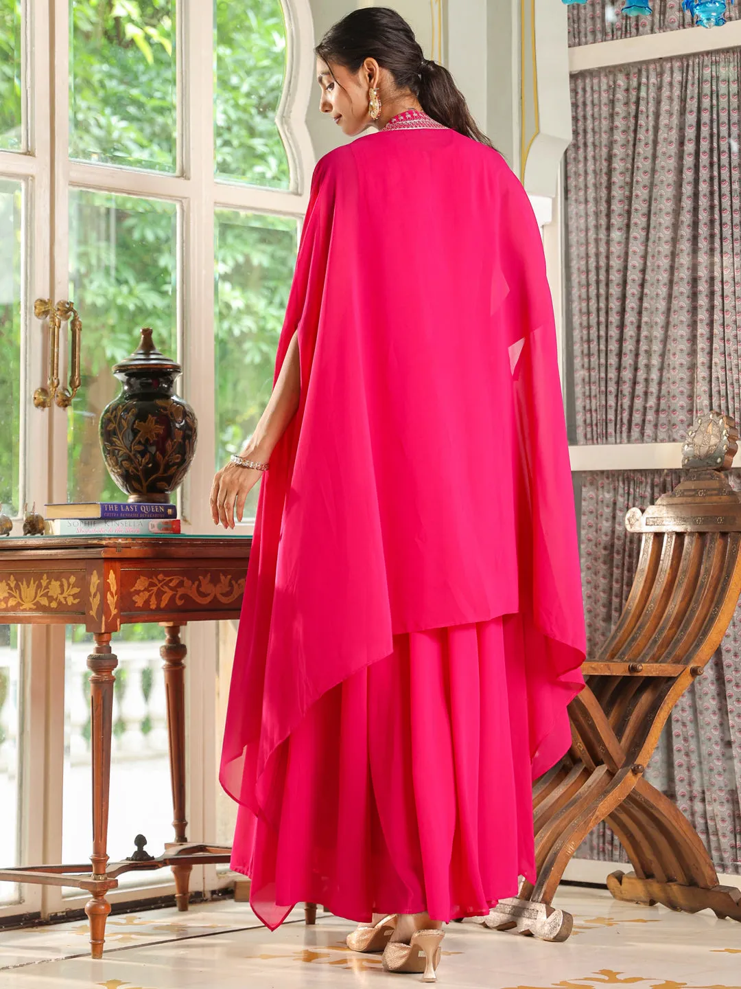 Pink Georgette Embroidered Anarkali Dress With Cape