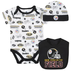 Pittsburgh Steelers 3-Piece Baby Boys Bodysuit, Bib, and Cap Set