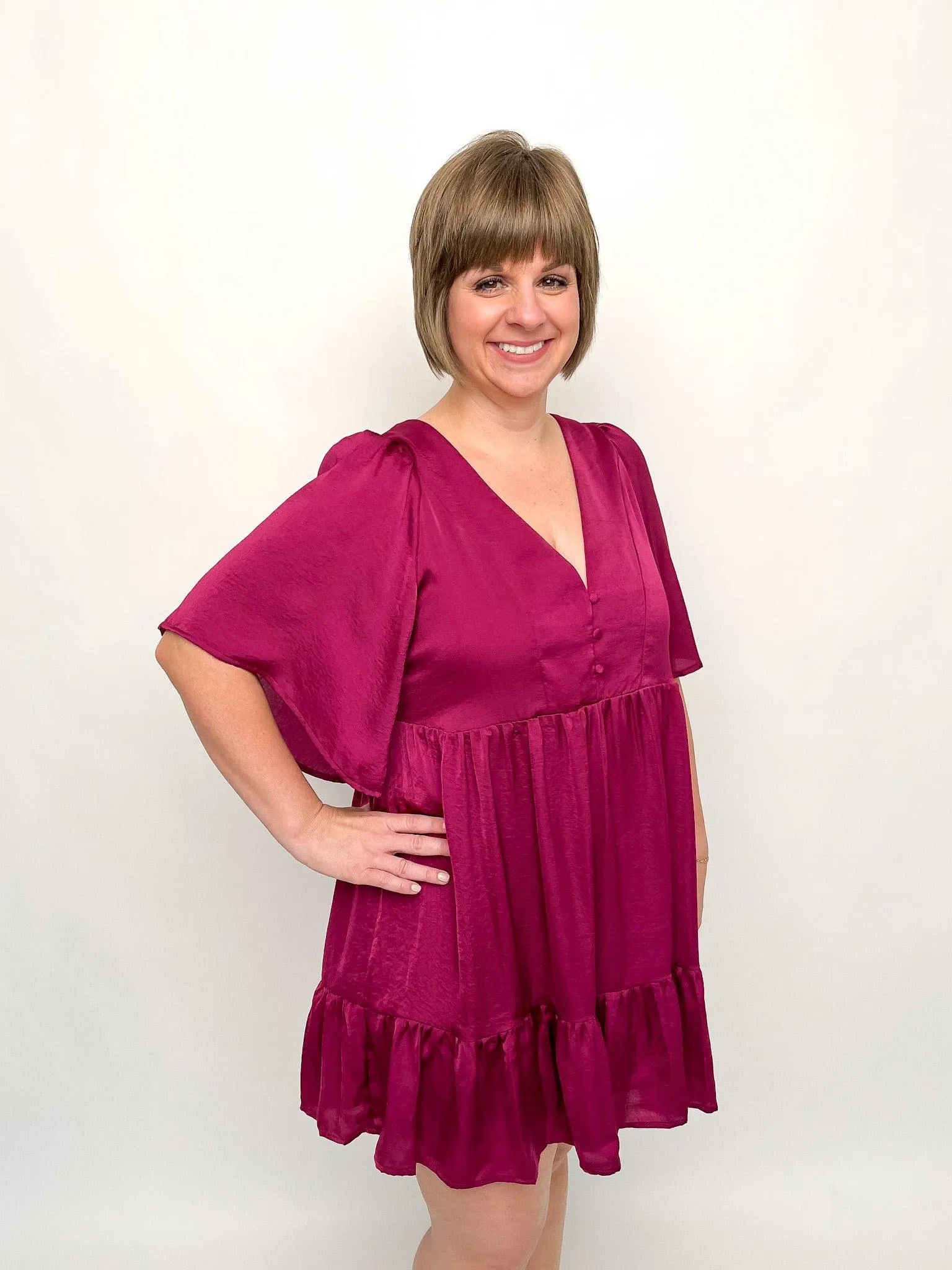 Plum Cape Sleeve Button Dress