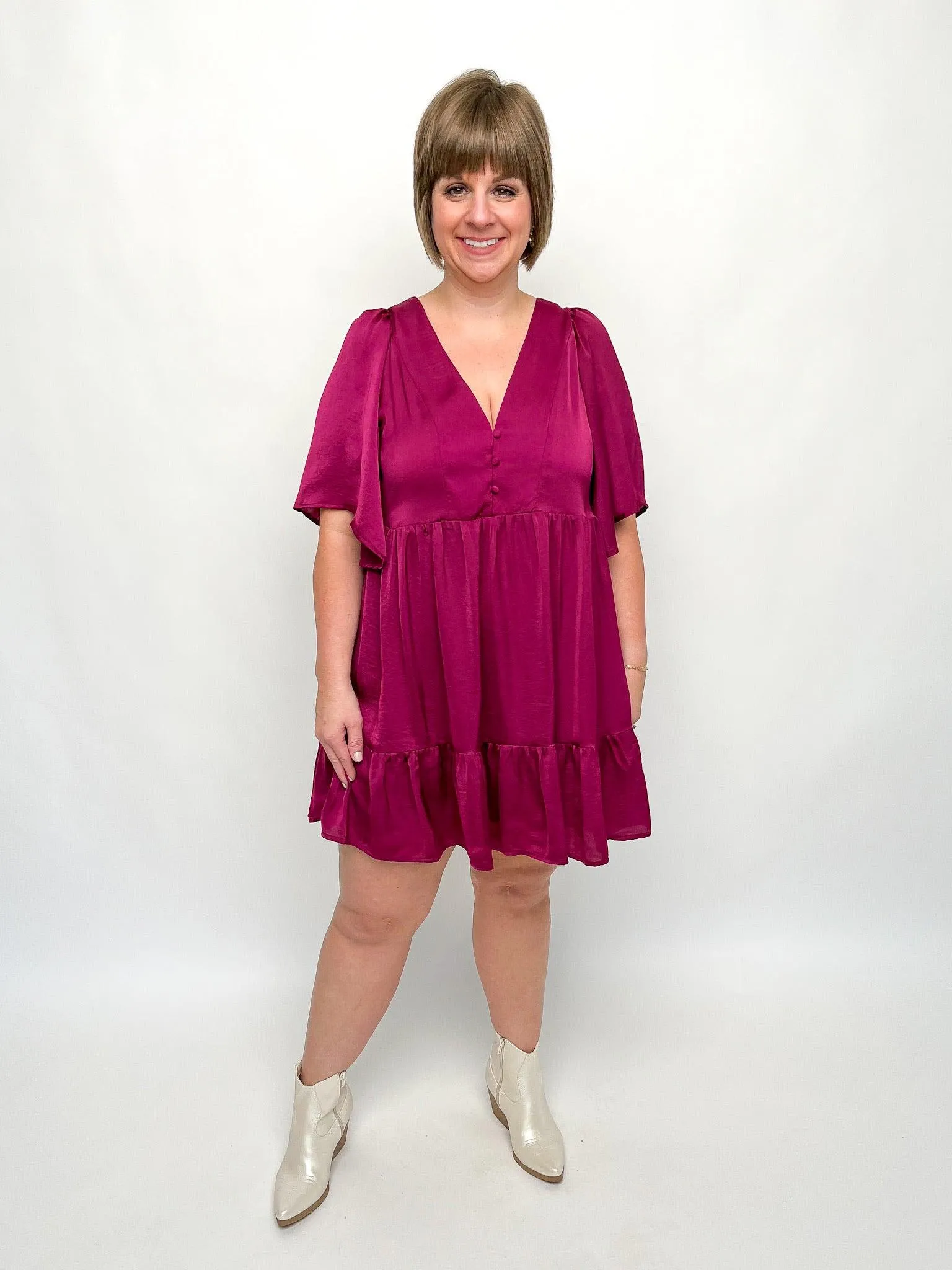 Plum Cape Sleeve Button Dress