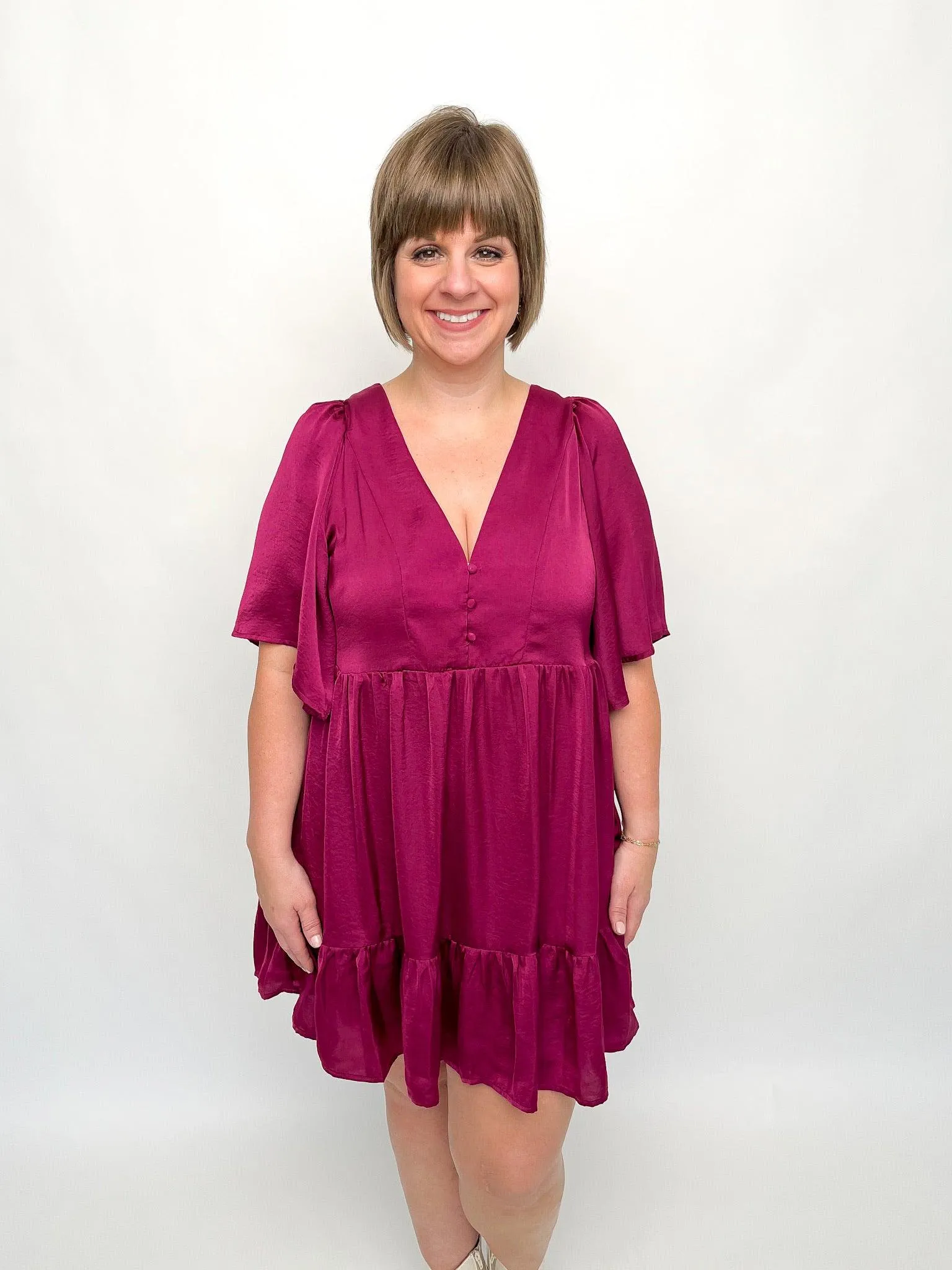 Plum Cape Sleeve Button Dress