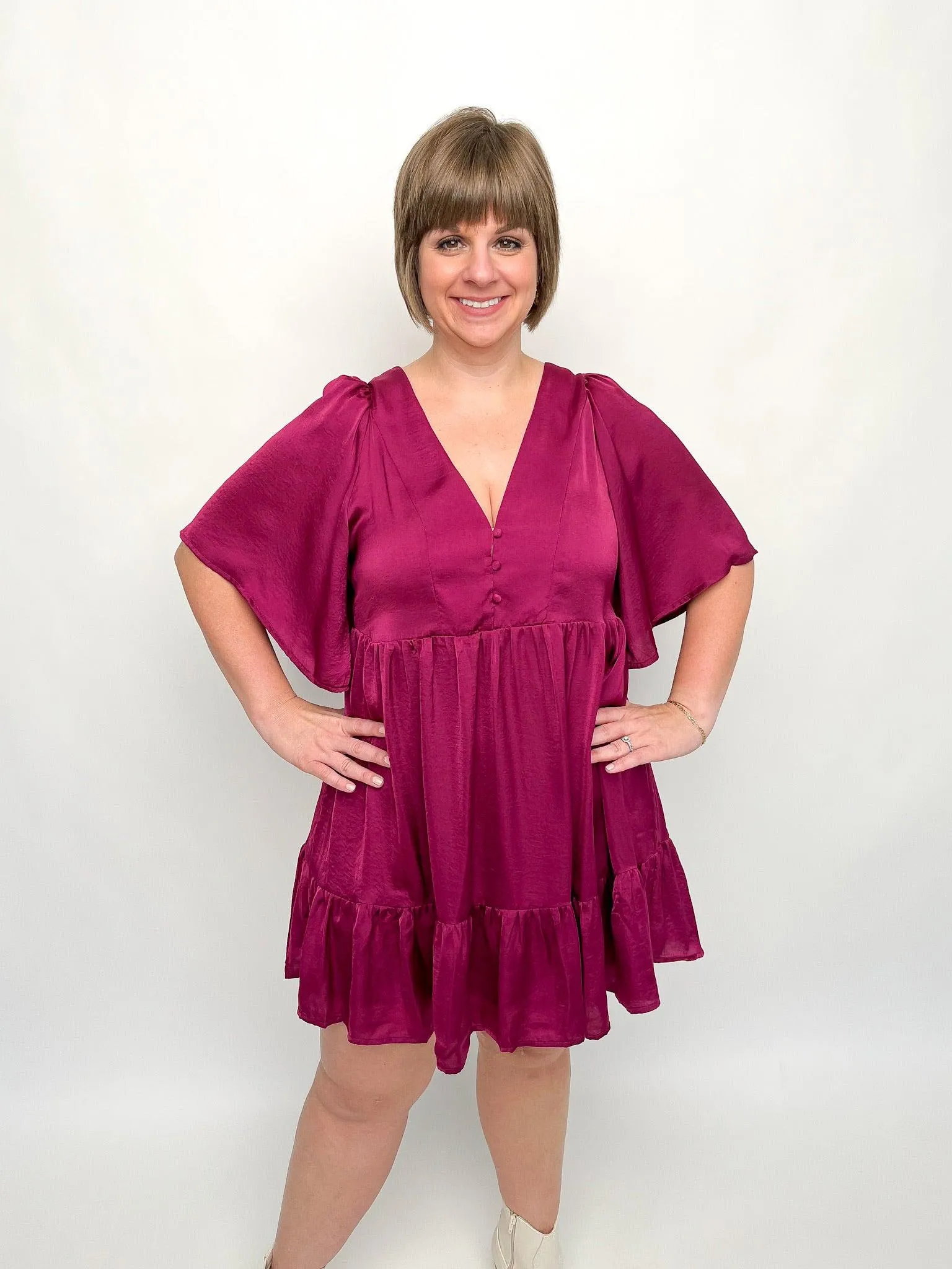 Plum Cape Sleeve Button Dress