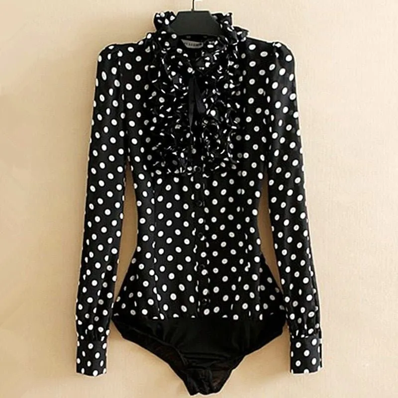 Polka Dot Print Bodysuit with Ruffled Decoration - High Street Style & Versatile Design