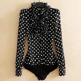 Polka Dot Print Bodysuit with Ruffled Decoration - High Street Style & Versatile Design