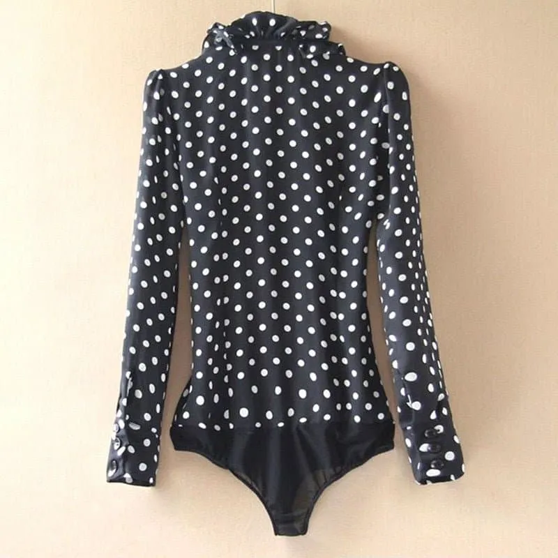 Polka Dot Print Bodysuit with Ruffled Decoration - High Street Style & Versatile Design