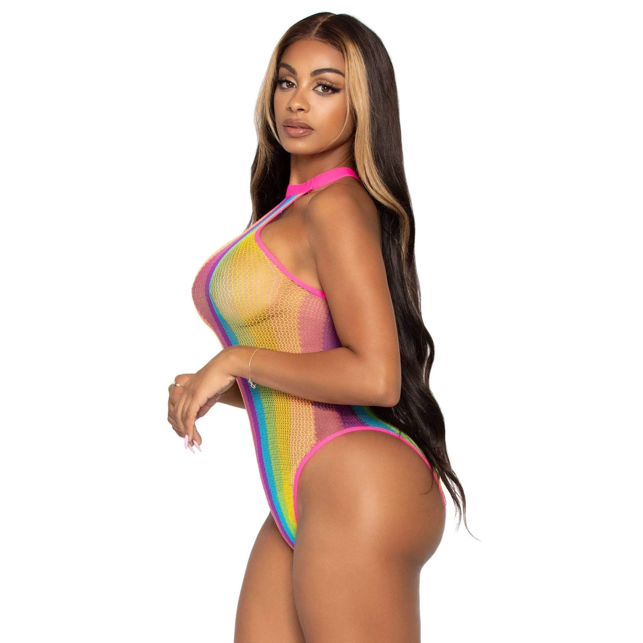 Rainbow Striped Halter Bodysuit With Snap Crotch - One Size - Multicolor