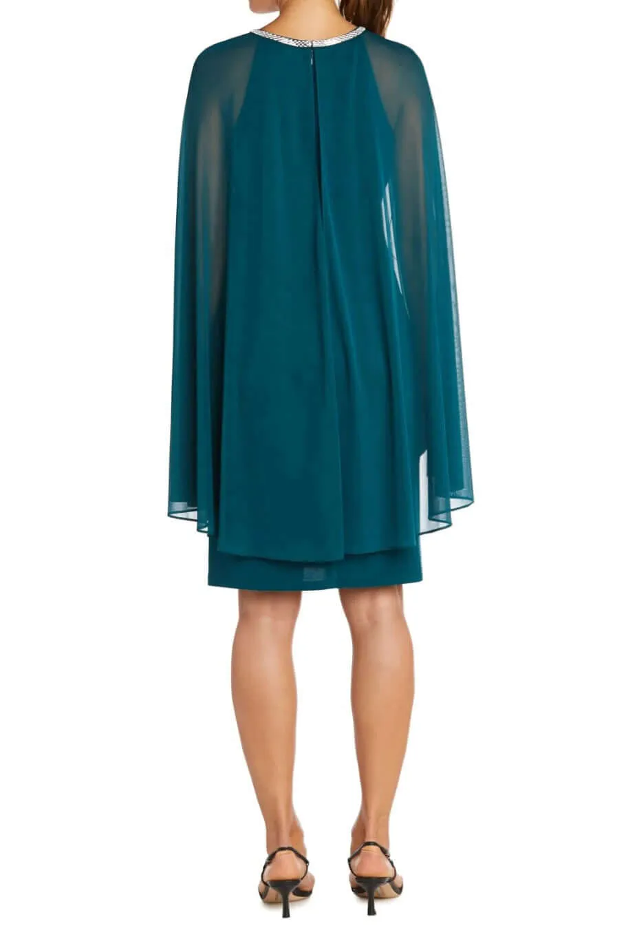 R&M Richards Embellished Crew Neck Cape Sleeve Zipper Back Solid Chiffon Dress