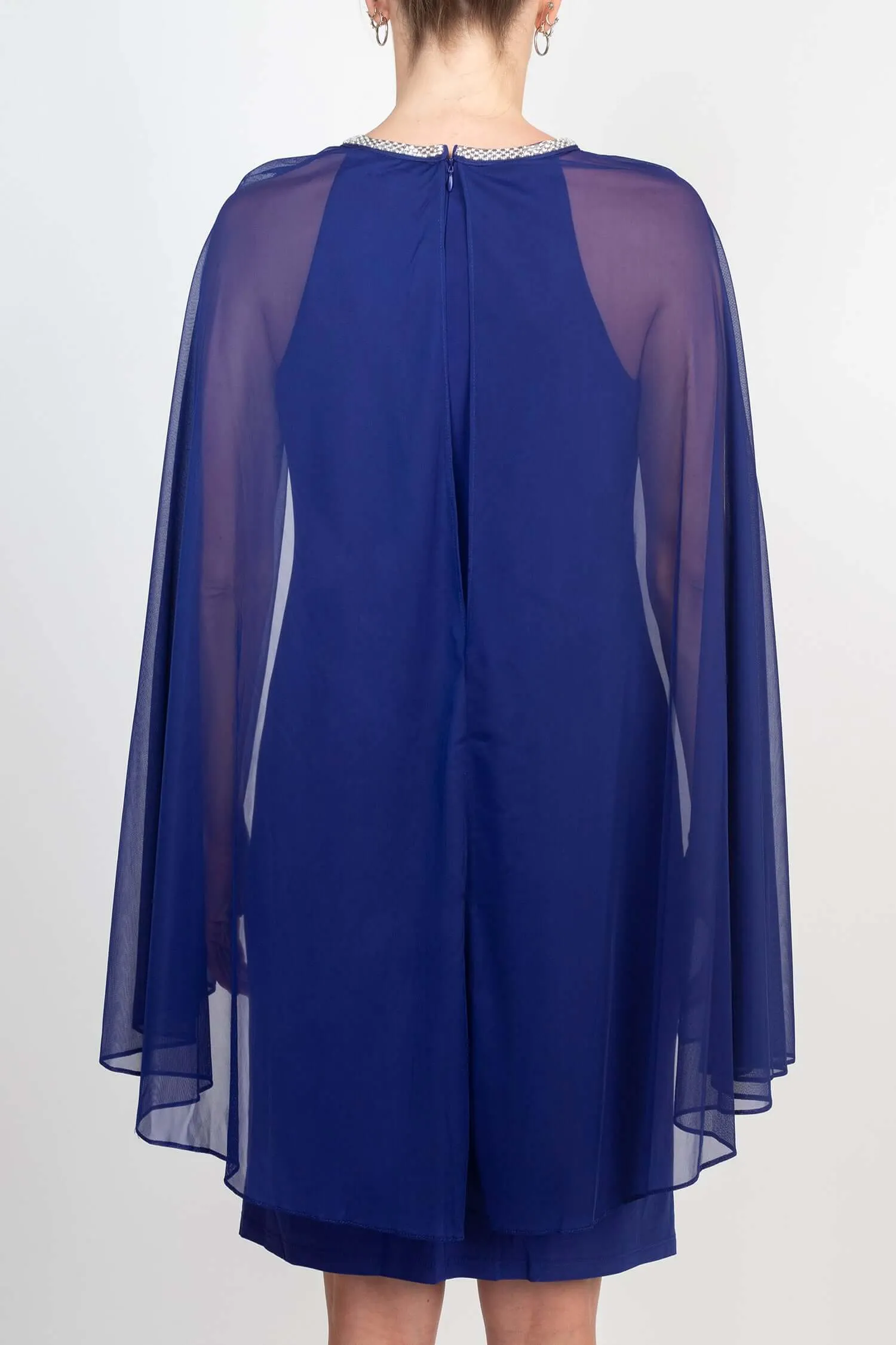 R&M Richards Embellished Crew Neck Cape Sleeve Zipper Back Solid Chiffon Dress