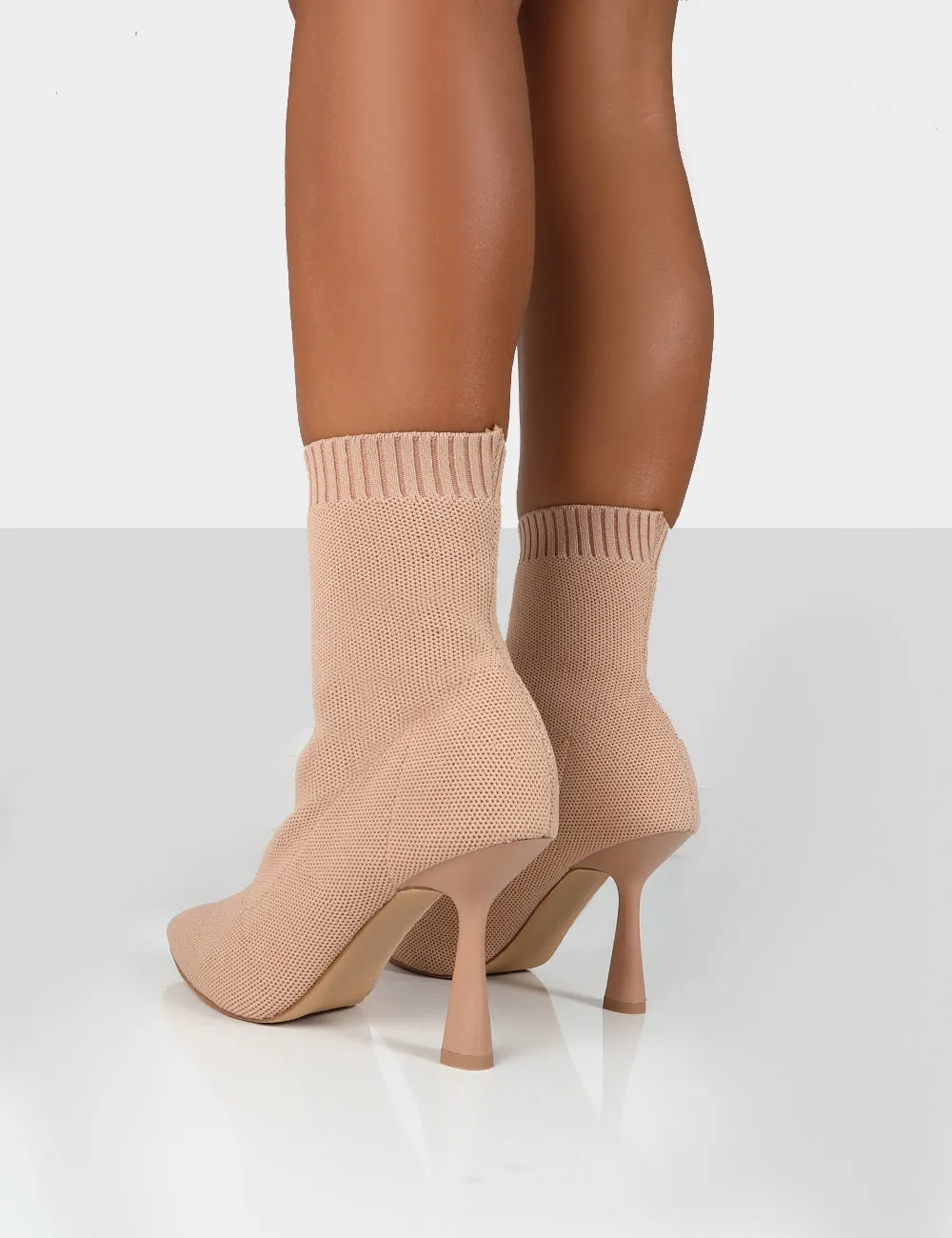 Refine Beige Knit Pointed Sock Ankle Boots