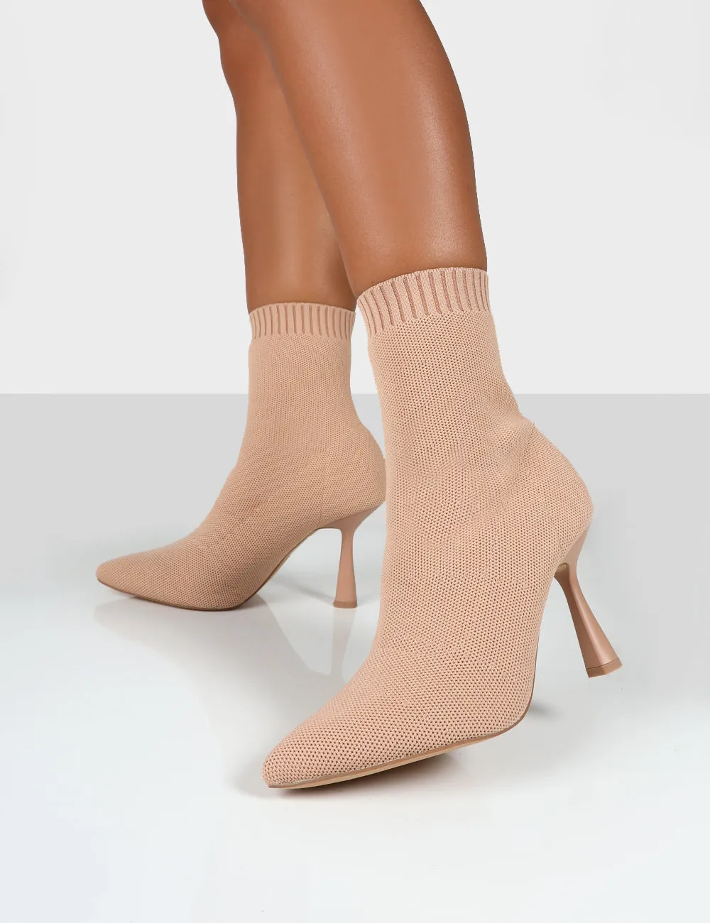 Refine Beige Knit Pointed Sock Ankle Boots