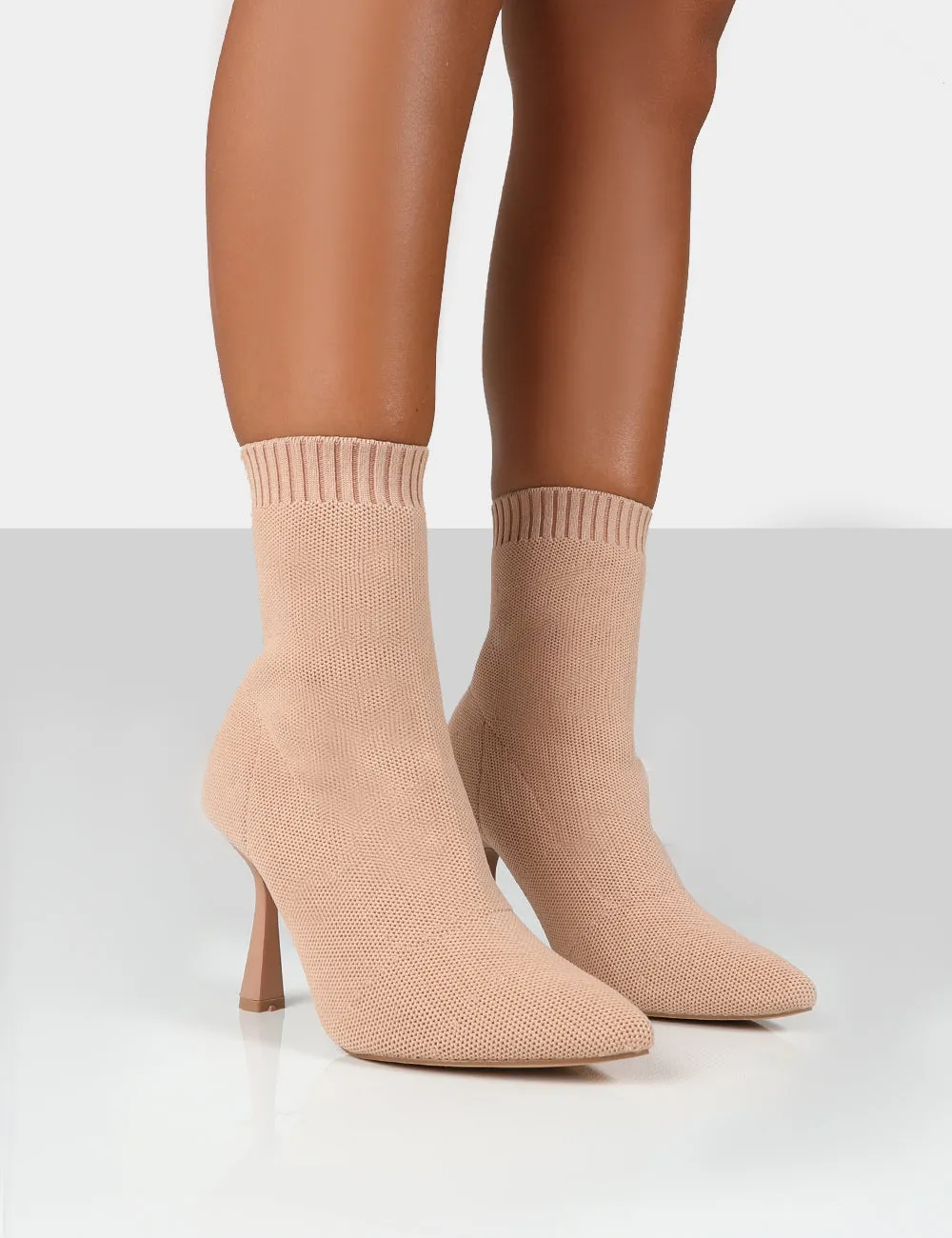 Refine Beige Knit Pointed Sock Ankle Boots