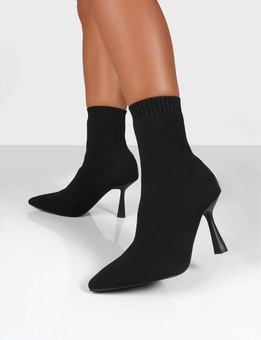 Refine Black Knit Pointed Sock Ankle Boots