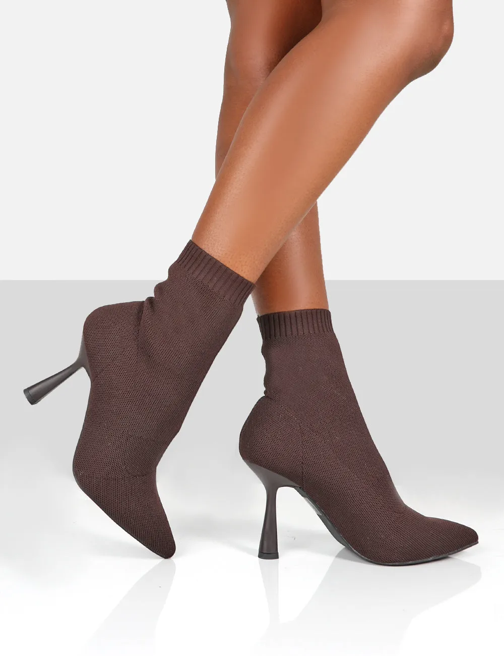 Refine Chocolate Brown Knit Pointed Sock Stiletto Ankle Boots