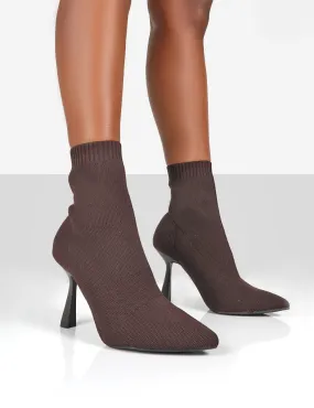 Refine Chocolate Brown Knit Pointed Sock Stiletto Ankle Boots