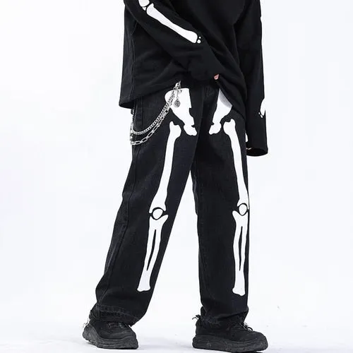 Reflective Skeleton Print Black Jeans for Men Fashion Trend Straight Leg Hip Hop Denim Pants Teens Baggy Streetwear Clothes