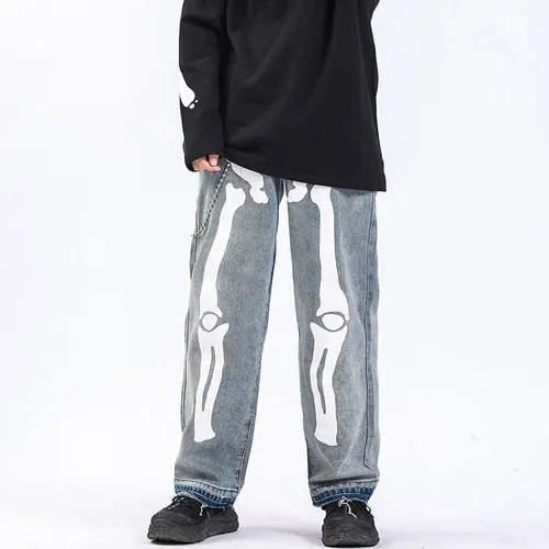 Reflective Skeleton Print Black Jeans for Men Fashion Trend Straight Leg Hip Hop Denim Pants Teens Baggy Streetwear Clothes