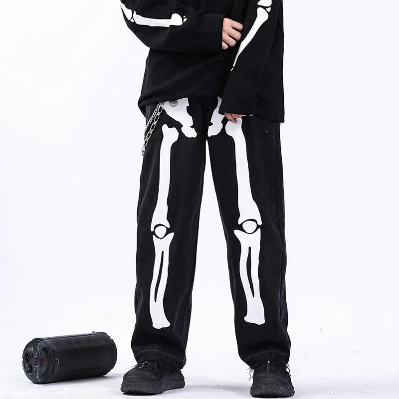 Reflective Skeleton Print Black Jeans for Men Fashion Trend Straight Leg Hip Hop Denim Pants Teens Baggy Streetwear Clothes