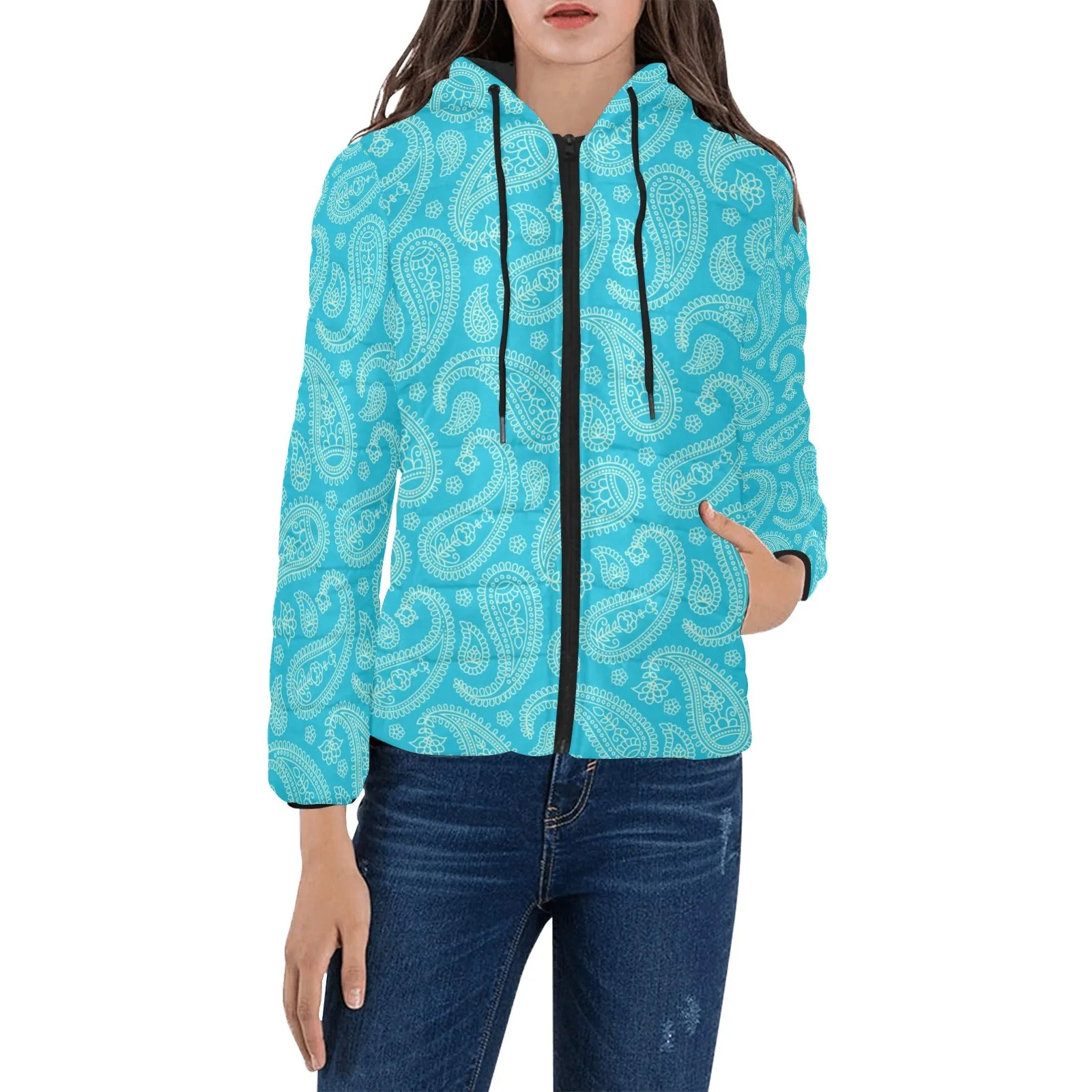 Robin's Egg Paisley Women's Padded Hooded Jacket