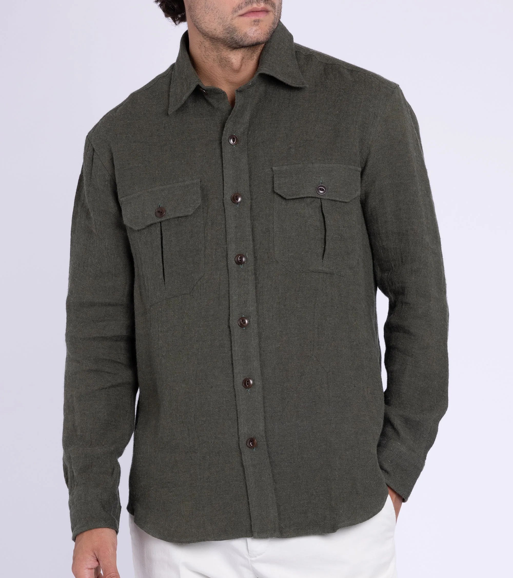 Salvatore Piccolo Wool Linen Military Shirt: Olive