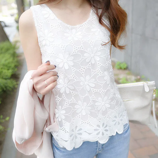 Sexy Elegant Sleeveless White Crochet Lace Blouse