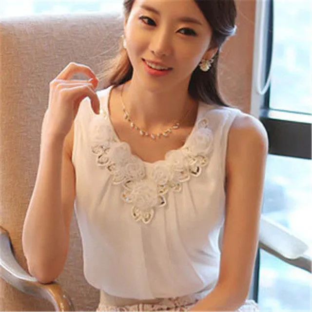 Sexy Elegant Sleeveless White Crochet Lace Blouse