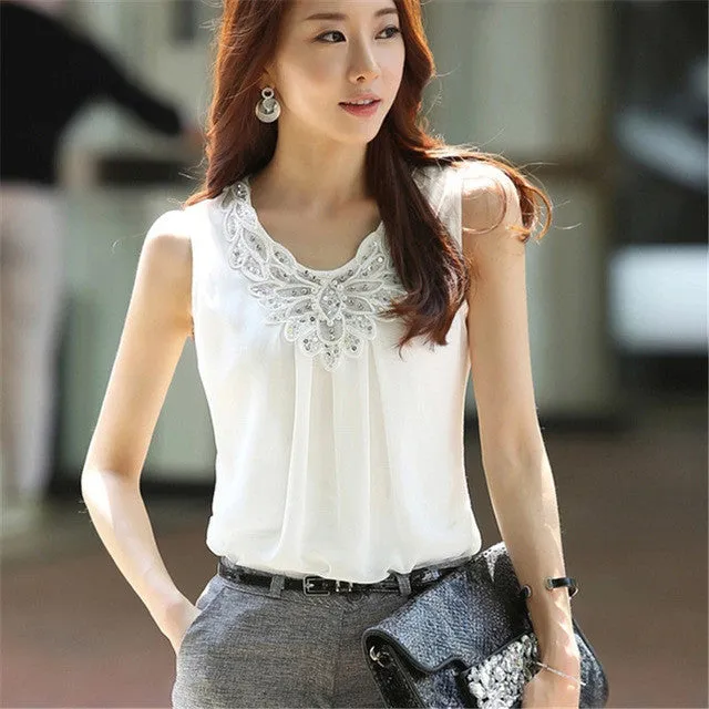 Sexy Elegant Sleeveless White Crochet Lace Blouse