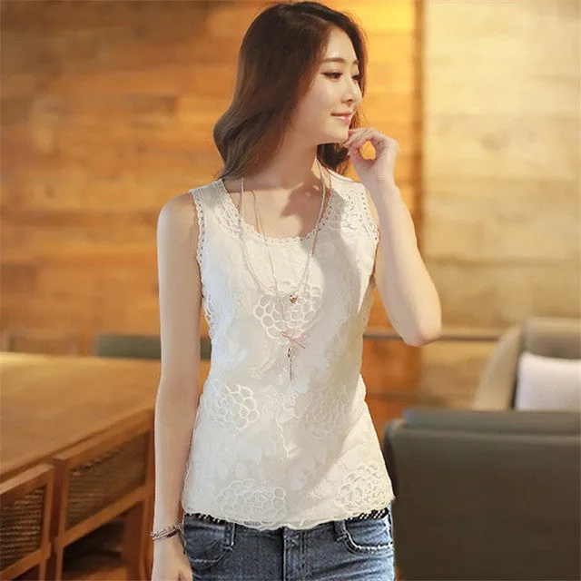 Sexy Elegant Sleeveless White Crochet Lace Blouse