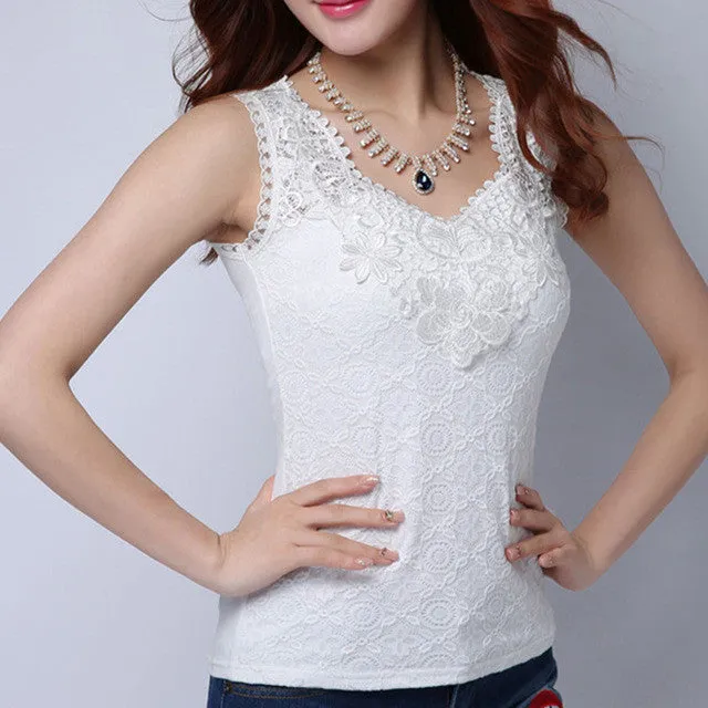 Sexy Elegant Sleeveless White Crochet Lace Blouse