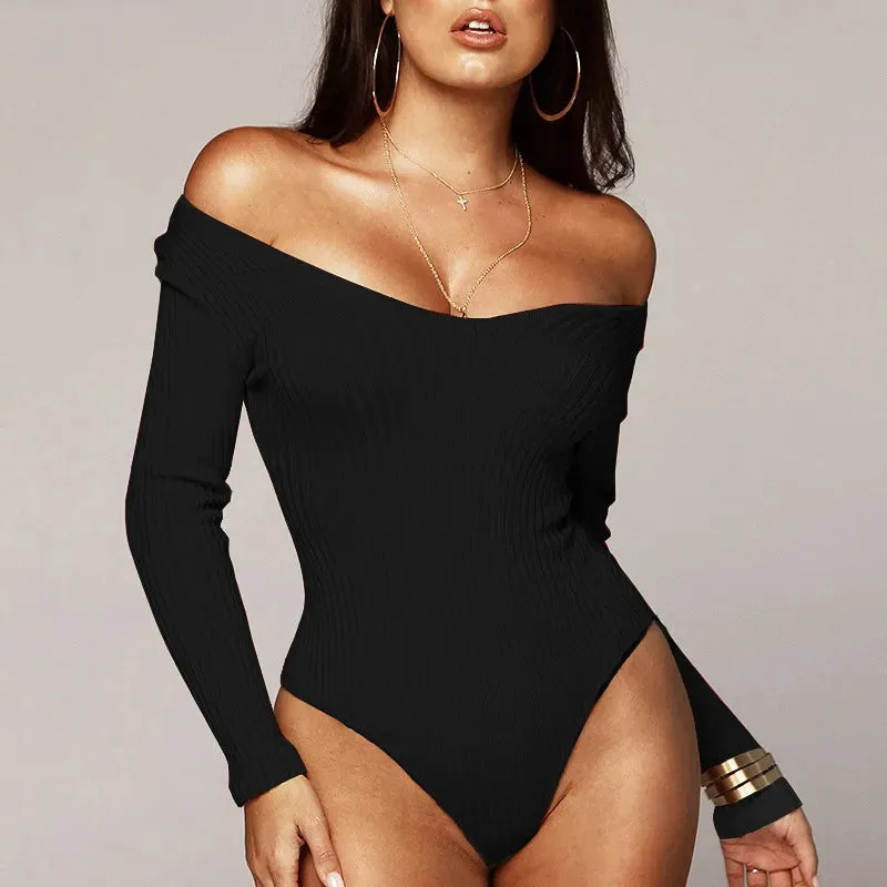 Solid Color Off Shoulder Bodysuit Skinny Long Sleeve Woman Clothes Tops