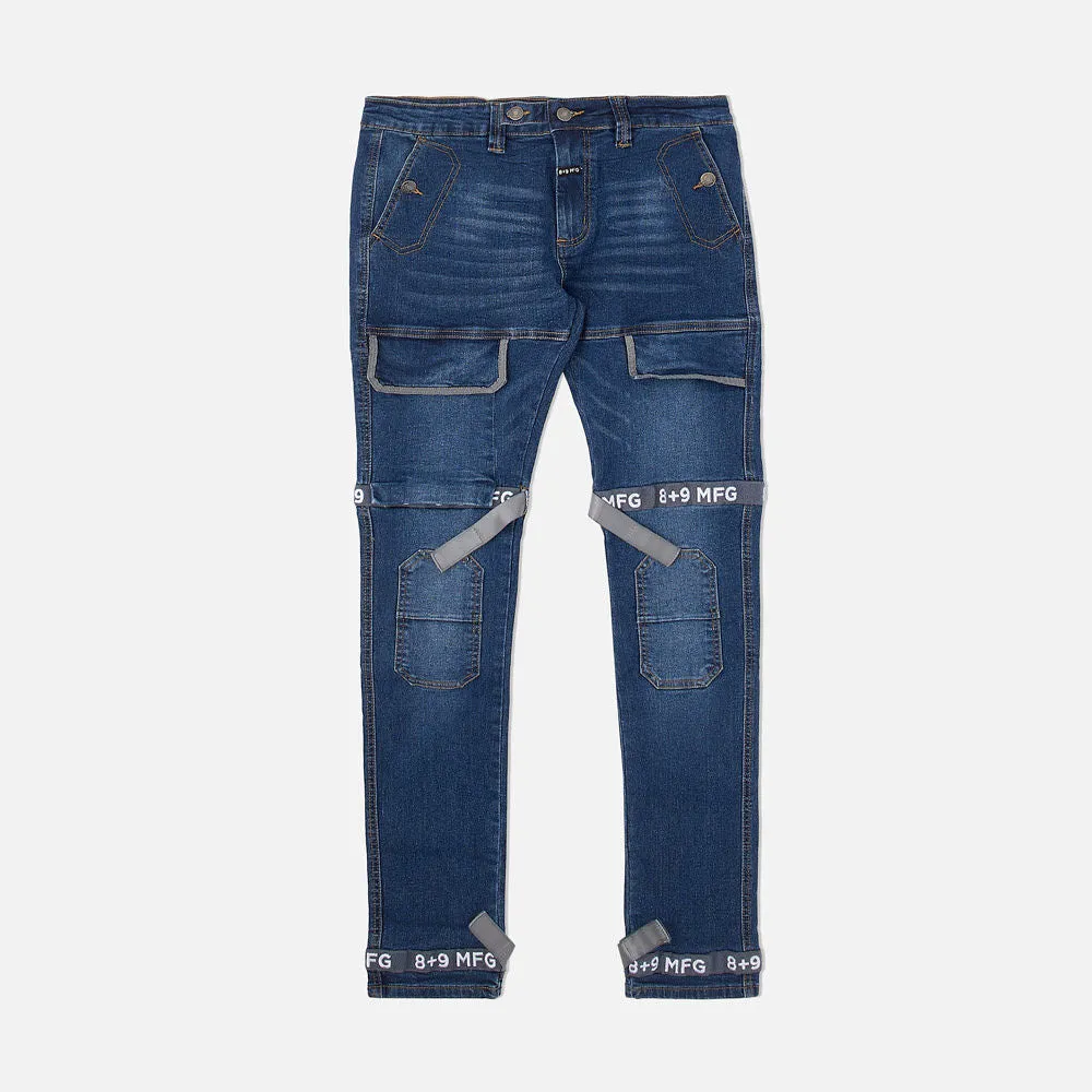 Strapped Up Slim Utility Dark Washed Jeans Flint Straps