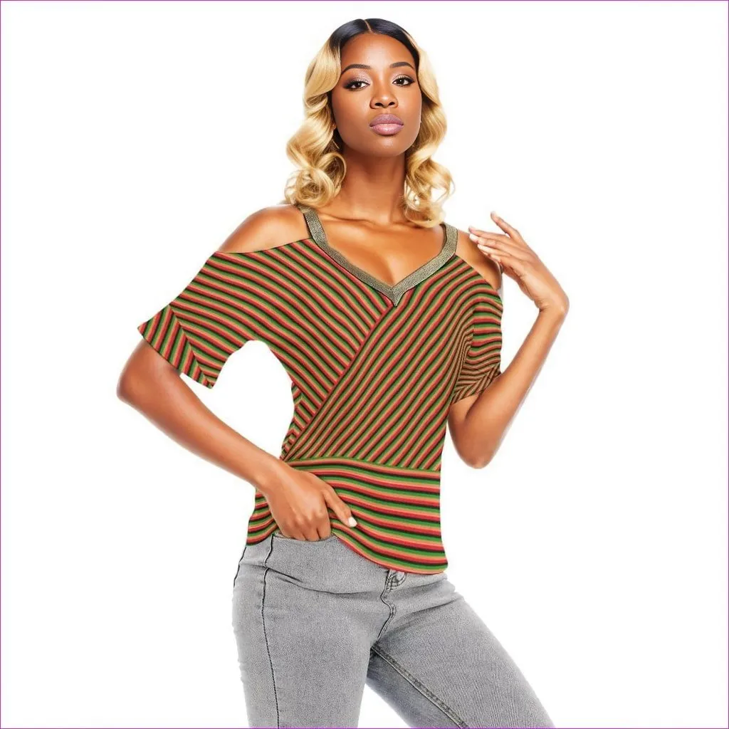 Striped Galore Women's Golden Elastic Band Neck Cold Shoulder T-Shirt