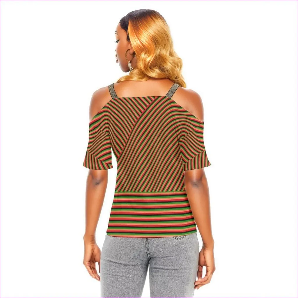 Striped Galore Women's Golden Elastic Band Neck Cold Shoulder T-Shirt