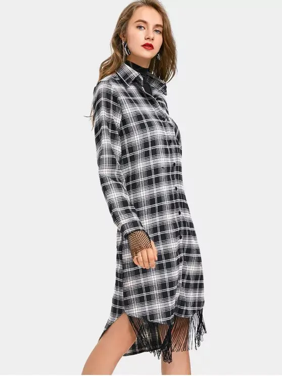 TastyHottie - Stunning Long Sleeve Fringed Checked Shirt Dress