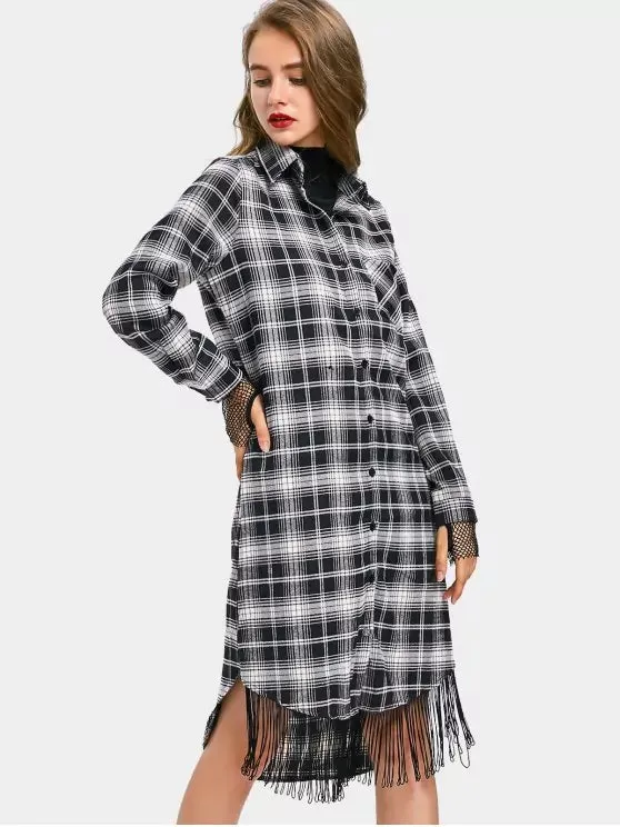 TastyHottie - Stunning Long Sleeve Fringed Checked Shirt Dress