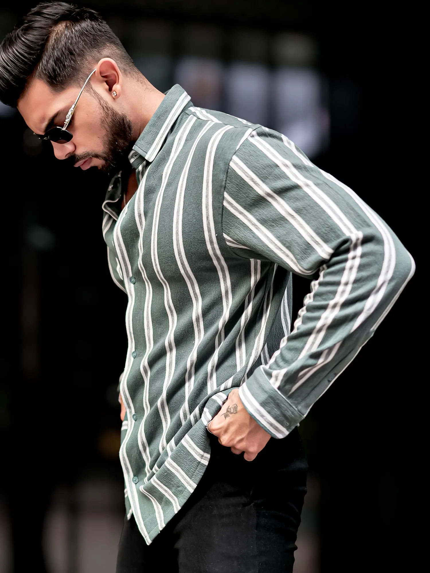 Terry Vertical Stripes Green Shirt