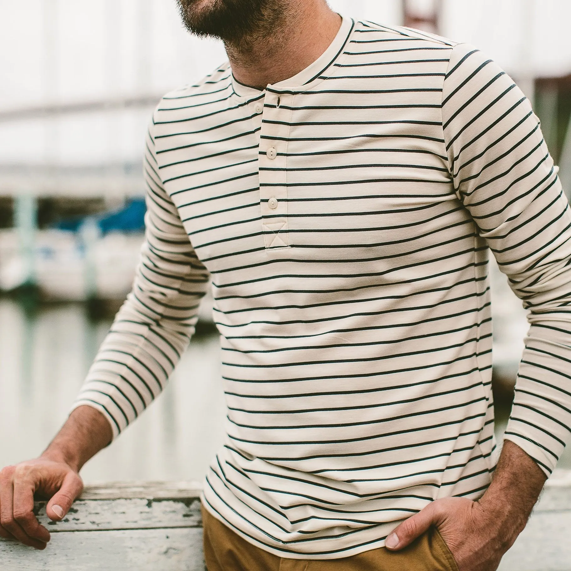 The Mercerized Merino Henley in Navy Stripe