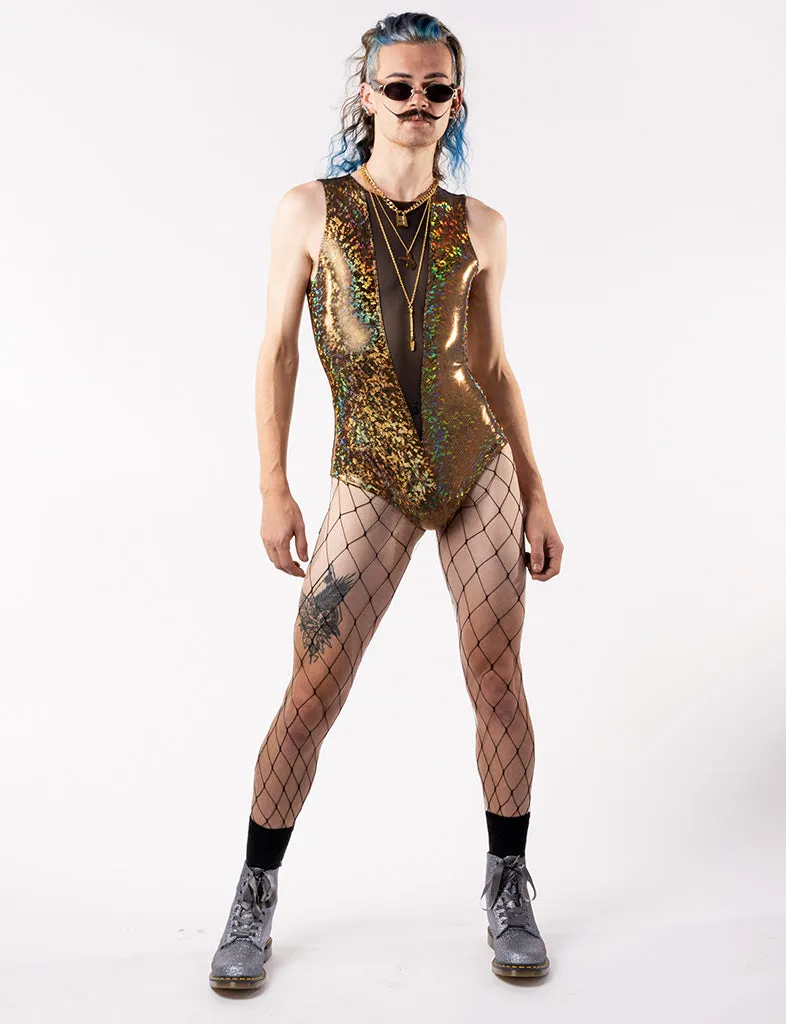 V MESH FRONT BODYSUIT - GOLD RUSH