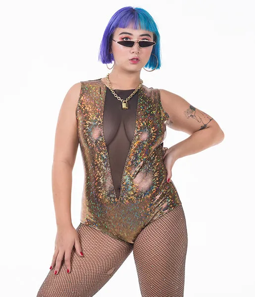 V MESH FRONT BODYSUIT - GOLD RUSH