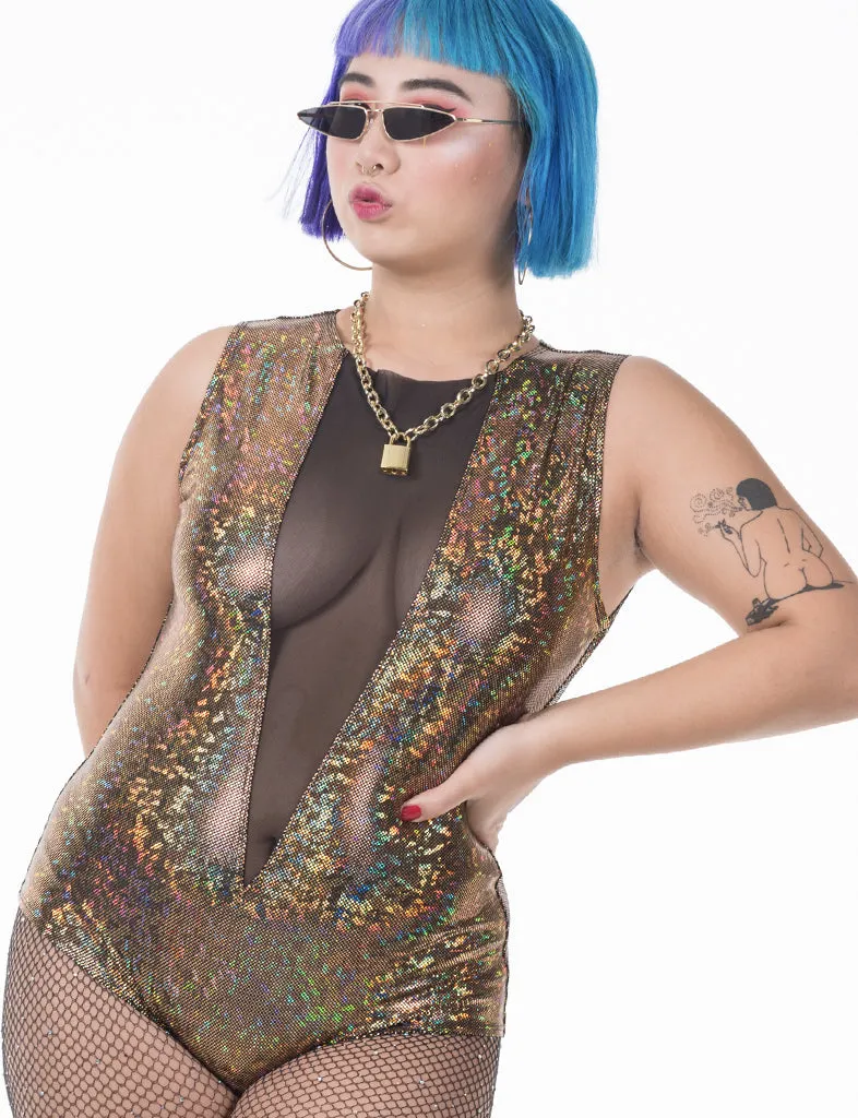 V MESH FRONT BODYSUIT - GOLD RUSH