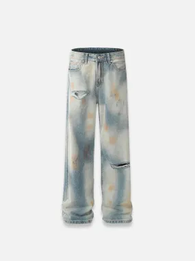 Washed Blue Dirty Ripped Jeans