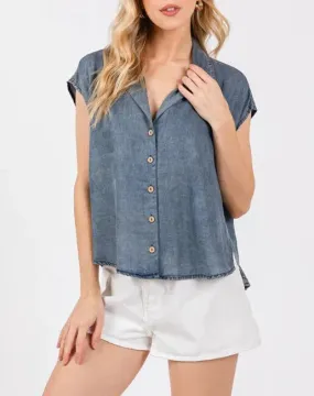 Washed Elegance Collared Button Down Tencel Denim T-Shirt