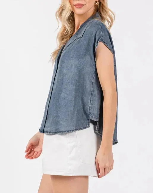 Washed Elegance Collared Button Down Tencel Denim T-Shirt