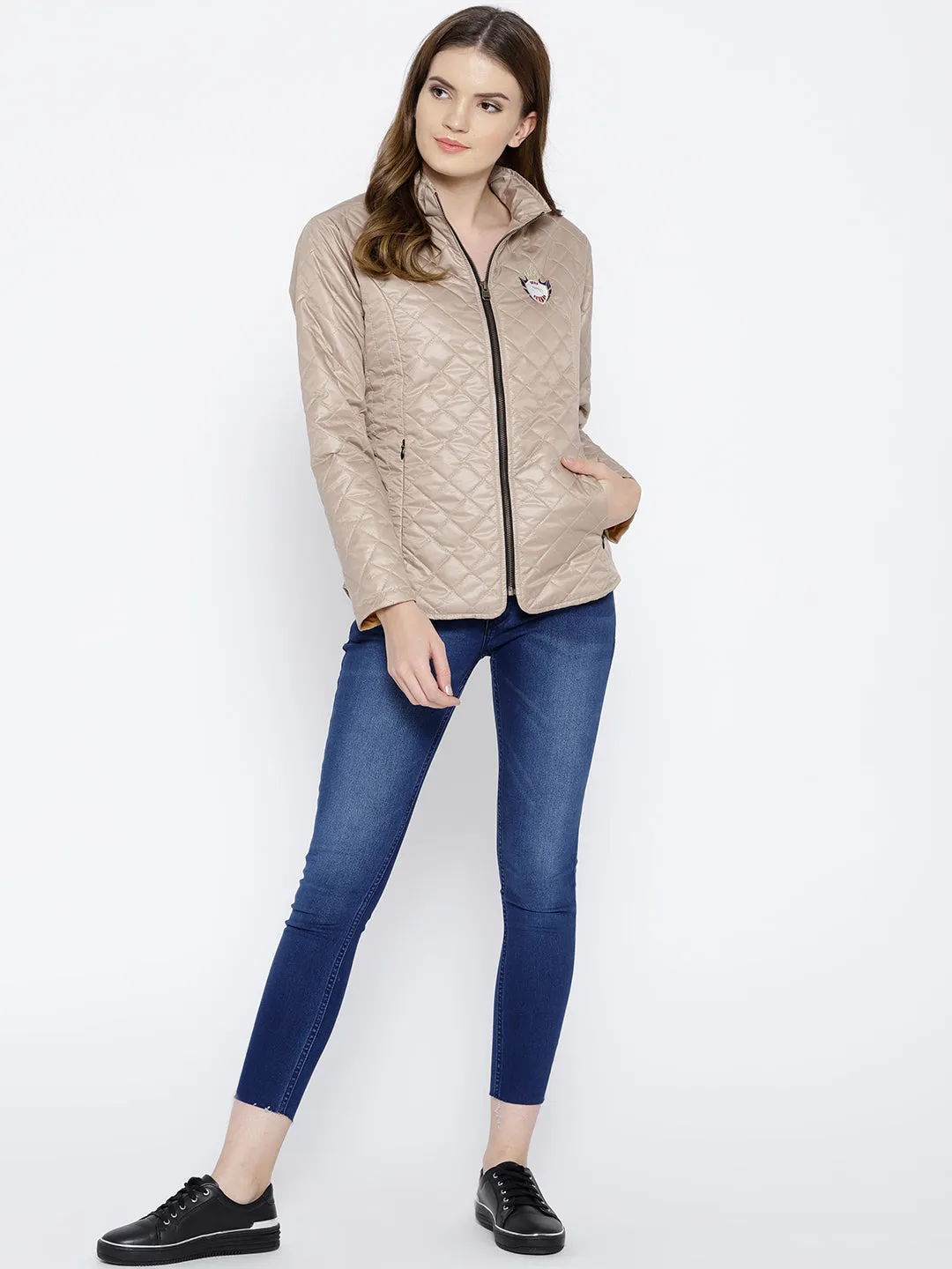 Women Beige Quilted Jacket