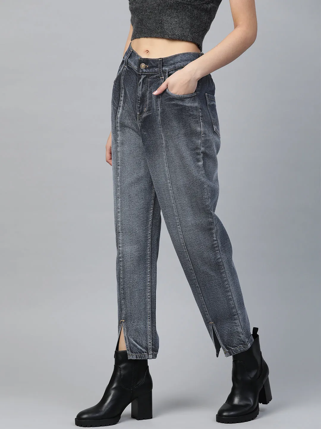 Women Navy Washed High Waist Front Slit Jeans